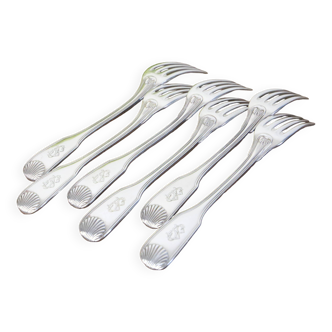 Set of 6 Cailar Bayard dessert forks, Coquille, monogrammed, early 20th century