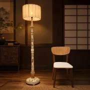 Lampadaire antique japonais peint à la main blanc et or (nouvel abat-jour)