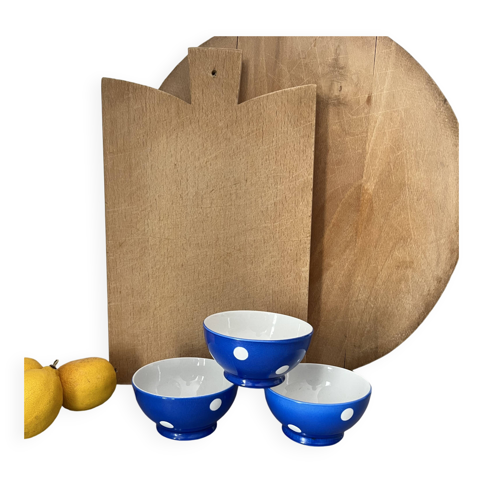 Old Longchamp porcelain bowls with blue dots