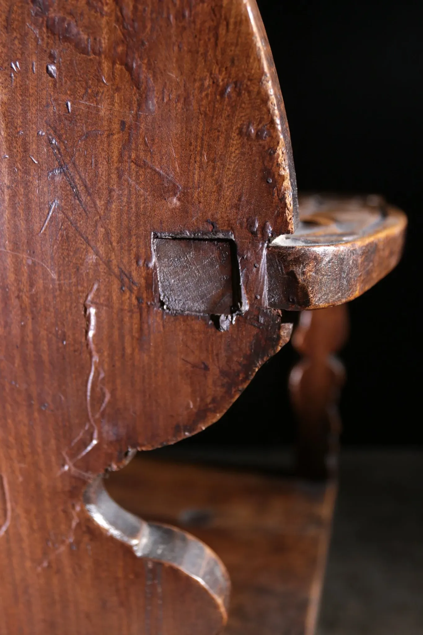 17th century Alpine carved walnut Brettstuhl armchair with grotesque mask