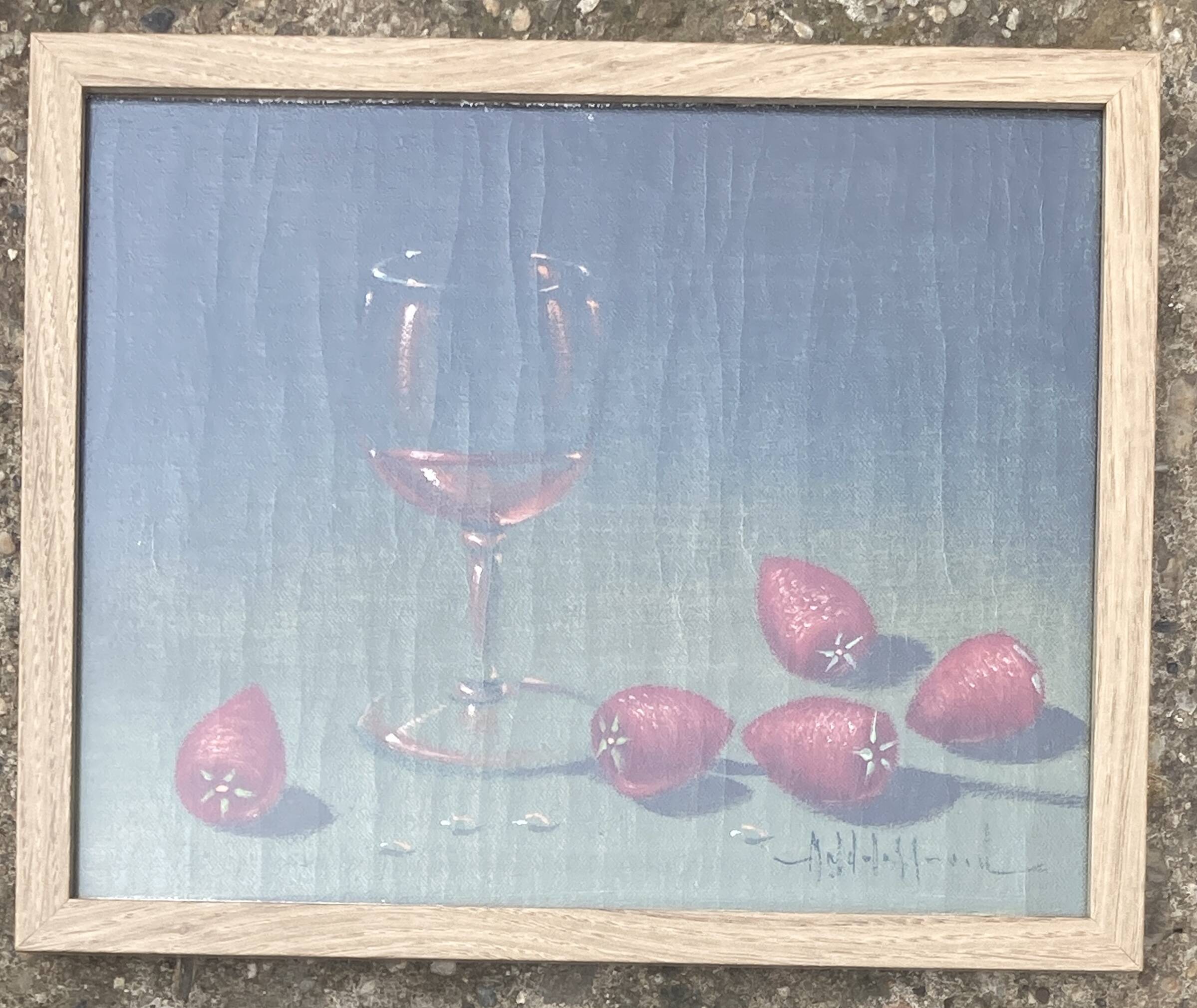 Painting - Still life: Glass of wine and strawberries