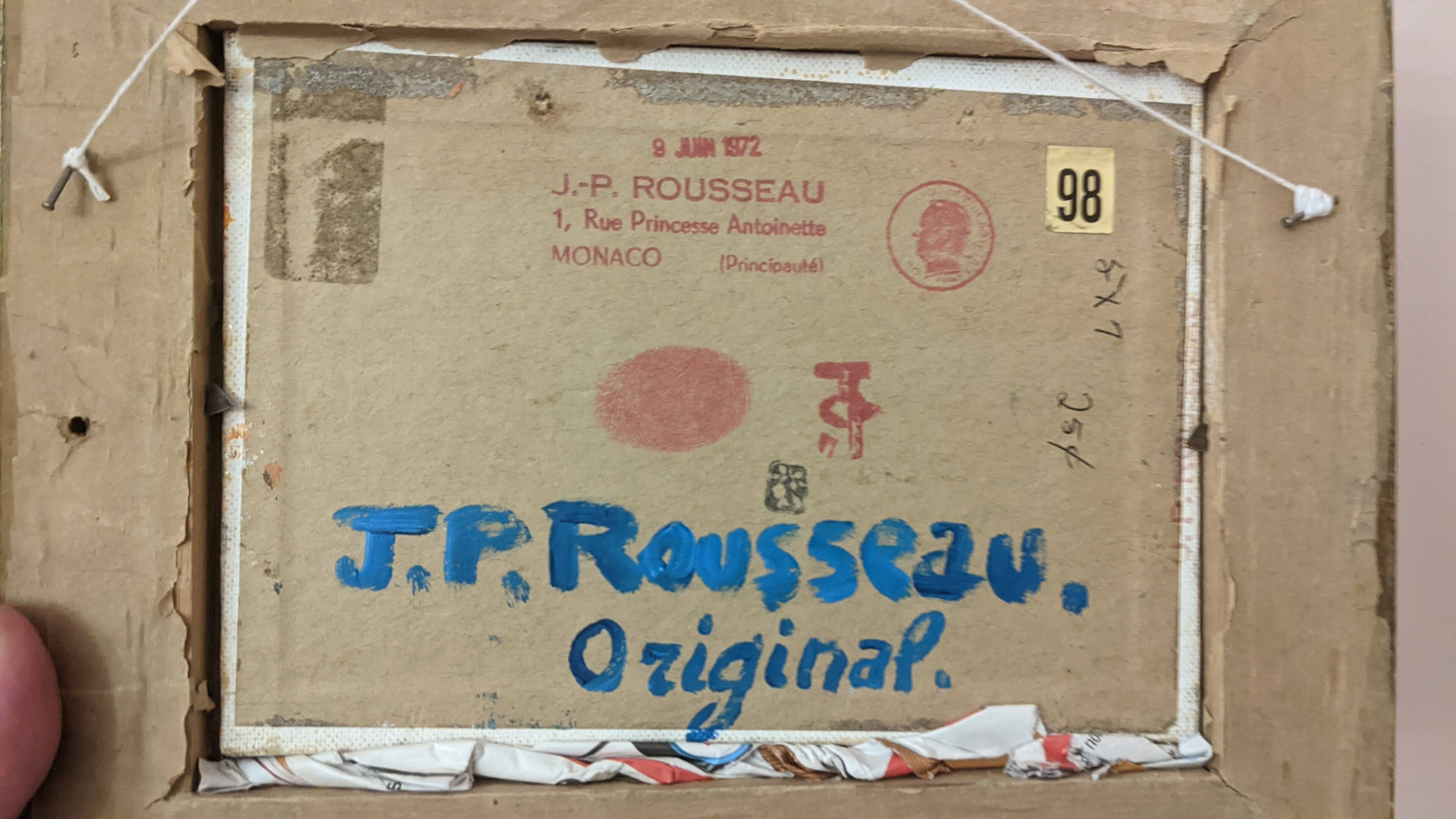 small marine oil painting boats blue red tones Jp Rousseau certificate gold frame