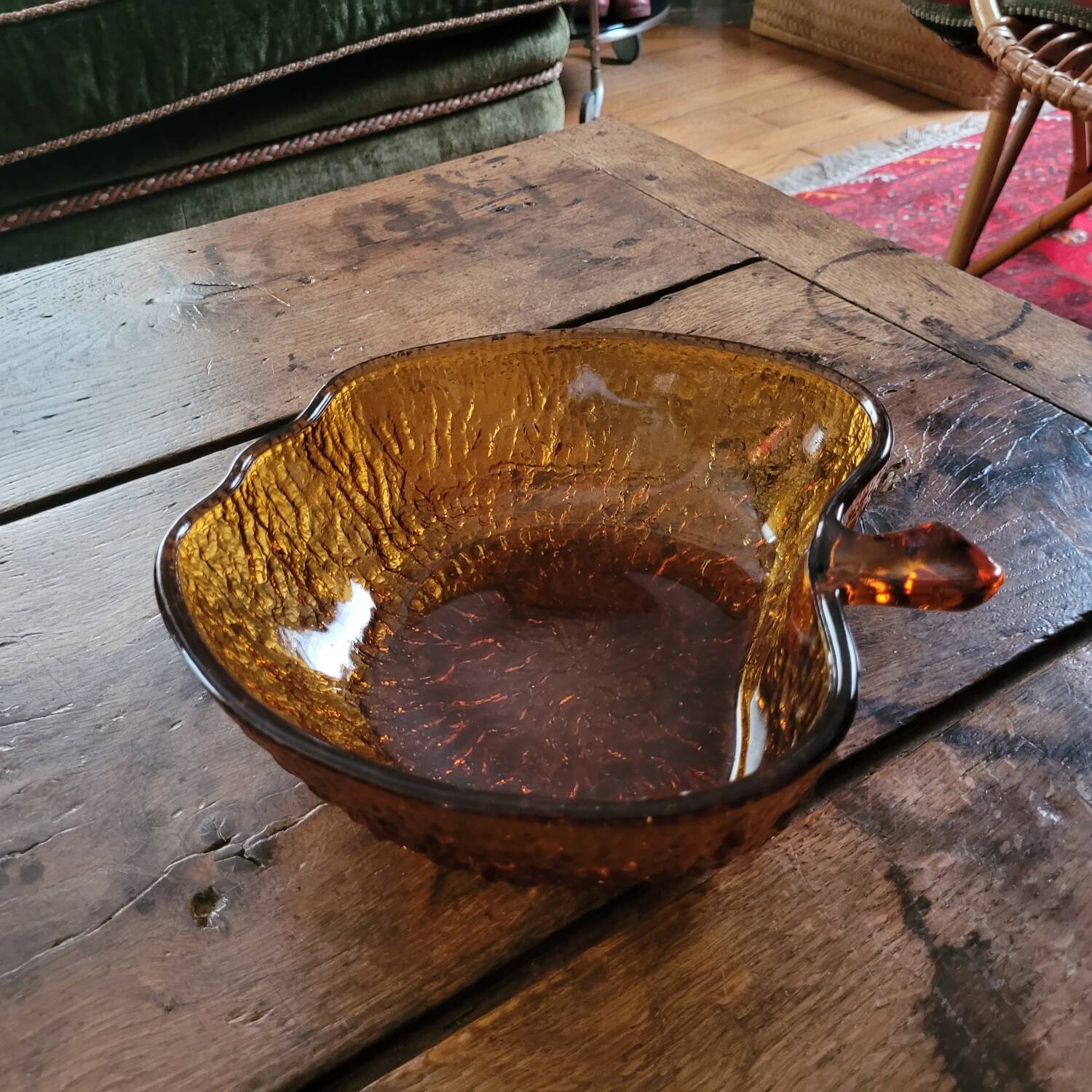 Amber glass bowl – apple shape – textured 70s design