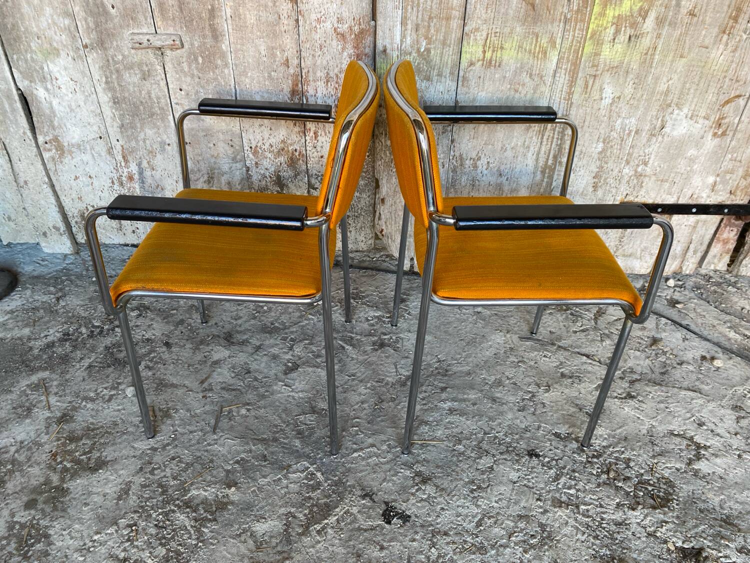 Pair of Vintage 1970s Chrome Metal Armchairs with Orange Fabric and Wood