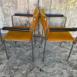 Pair of Vintage 1970s Chrome Metal Armchairs with Orange Fabric and Wood