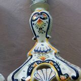 Old pair of candlesticks, earthenware, décor Rouen
