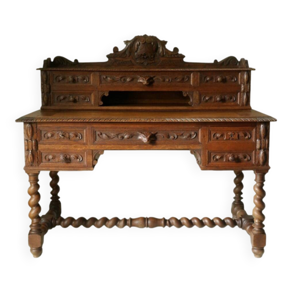 Bureau à caisse et gradin en chêne néo-Renaissance
