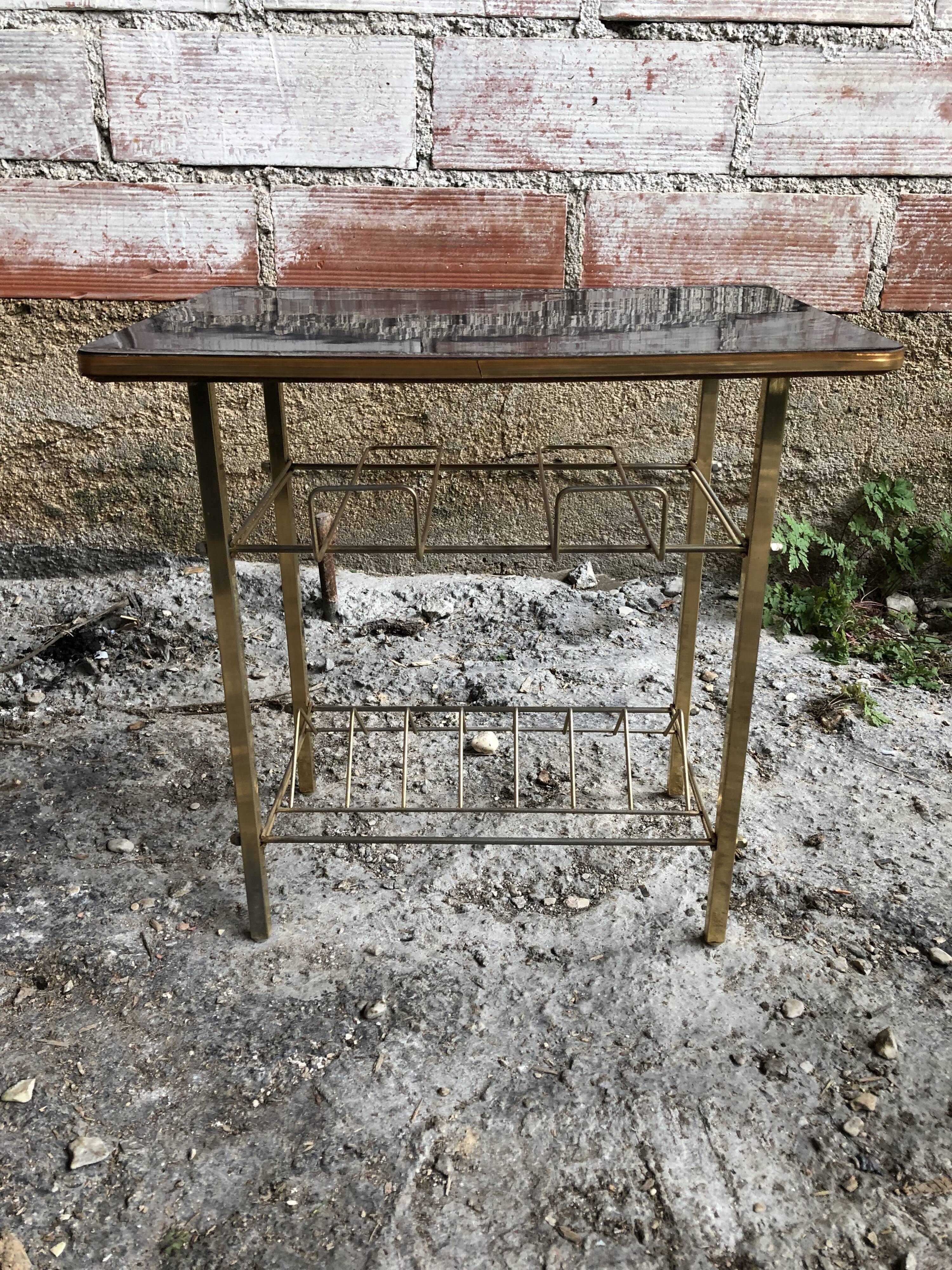 Old Furniture Table Hifi Door Vinyls Golden Metal + Formica Vintage Tray