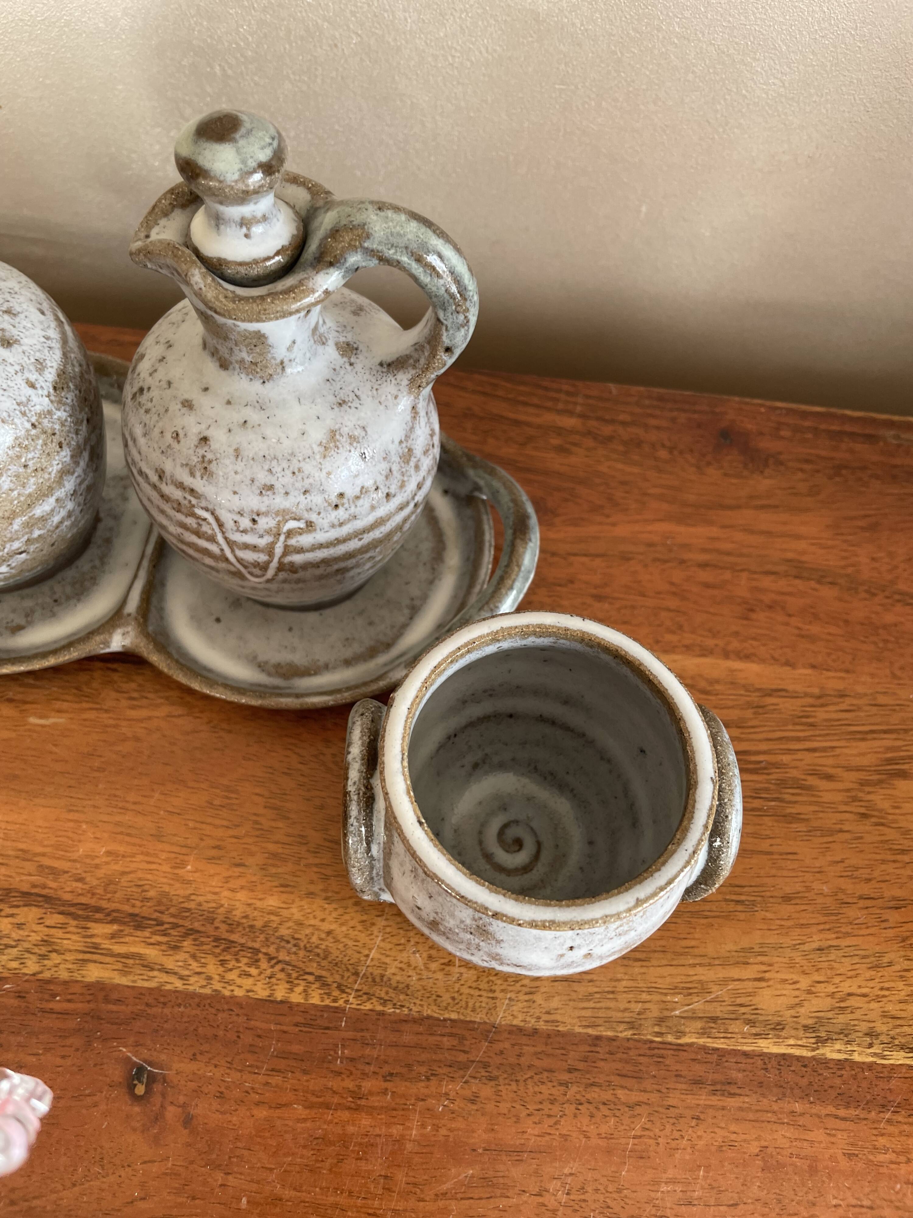 Salt, pepper, and mustard set in stoneware