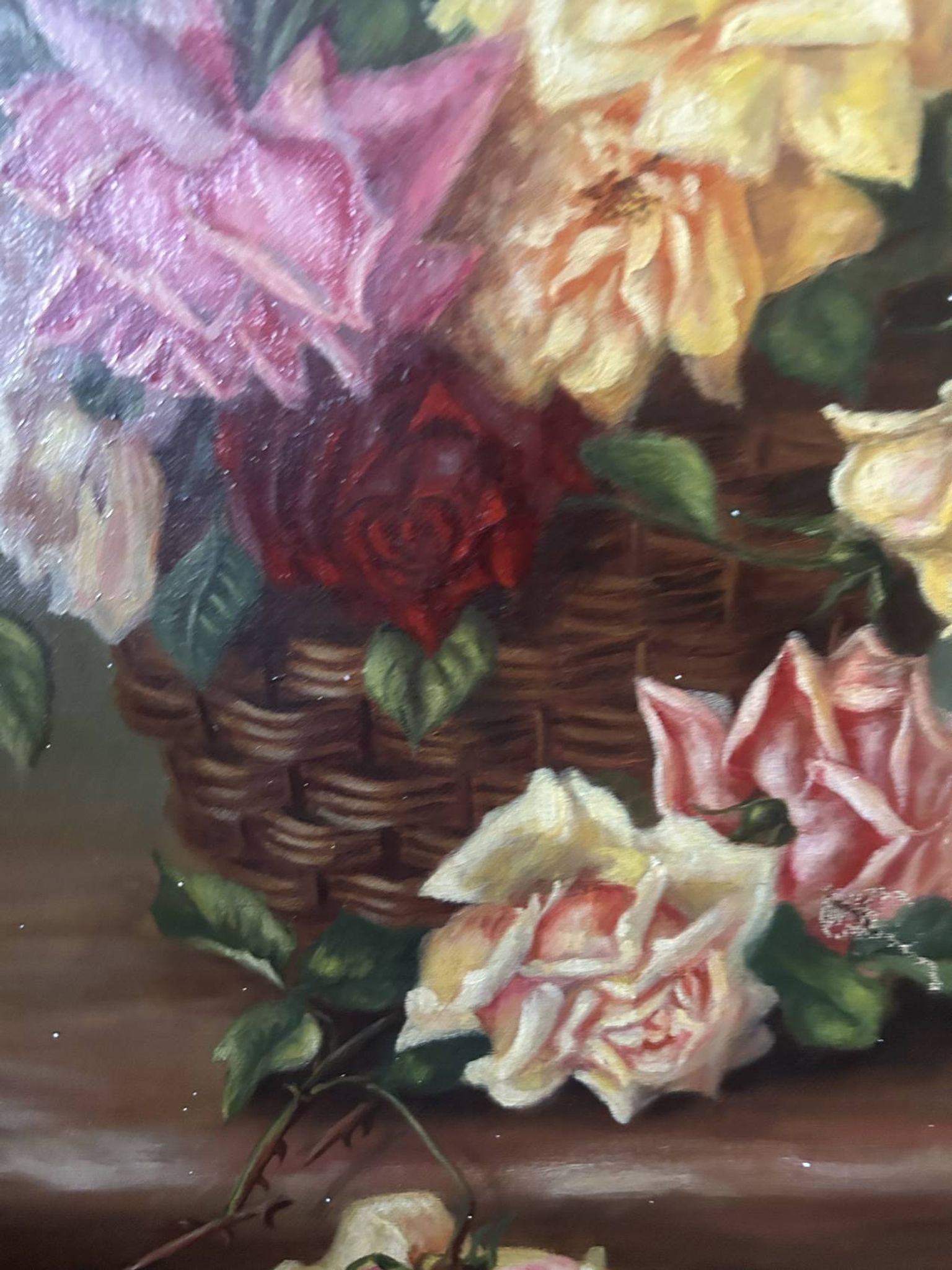 Large antique painting with roses – Oil on canvas from the 1900s – 40 x 102 cm – a large decorative format