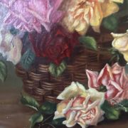 Large antique painting with roses – Oil on canvas from the 1900s – 40 x 102 cm – a large decorative format