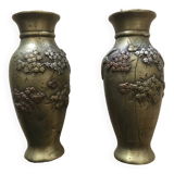 Paire de mini vase en bronze ciselé Japon  décor oiseau