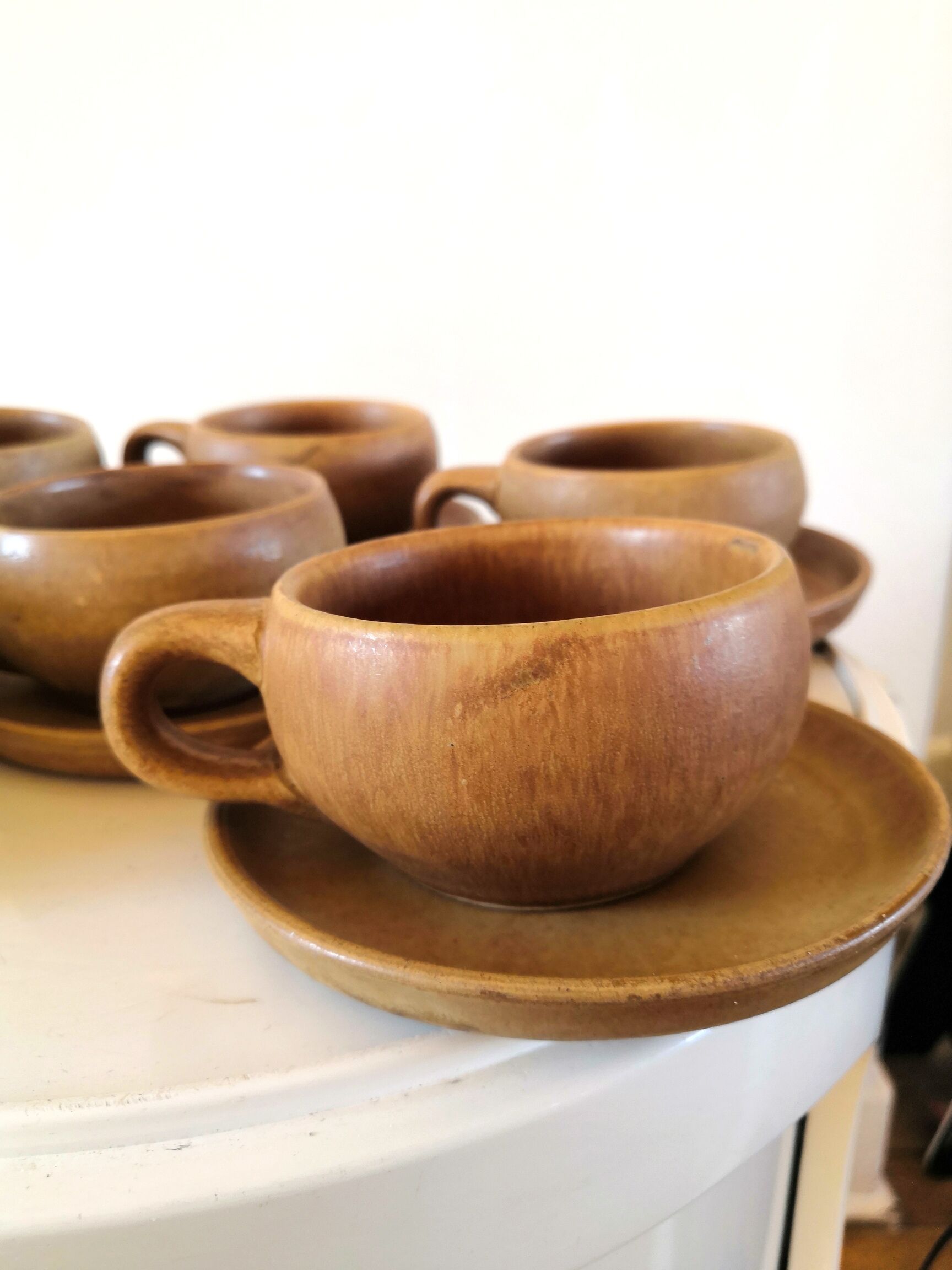 6 saucers and coffee cups in 70s design stoneware