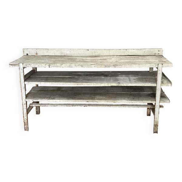 Ancien établi, meuble de métier en bois et métal