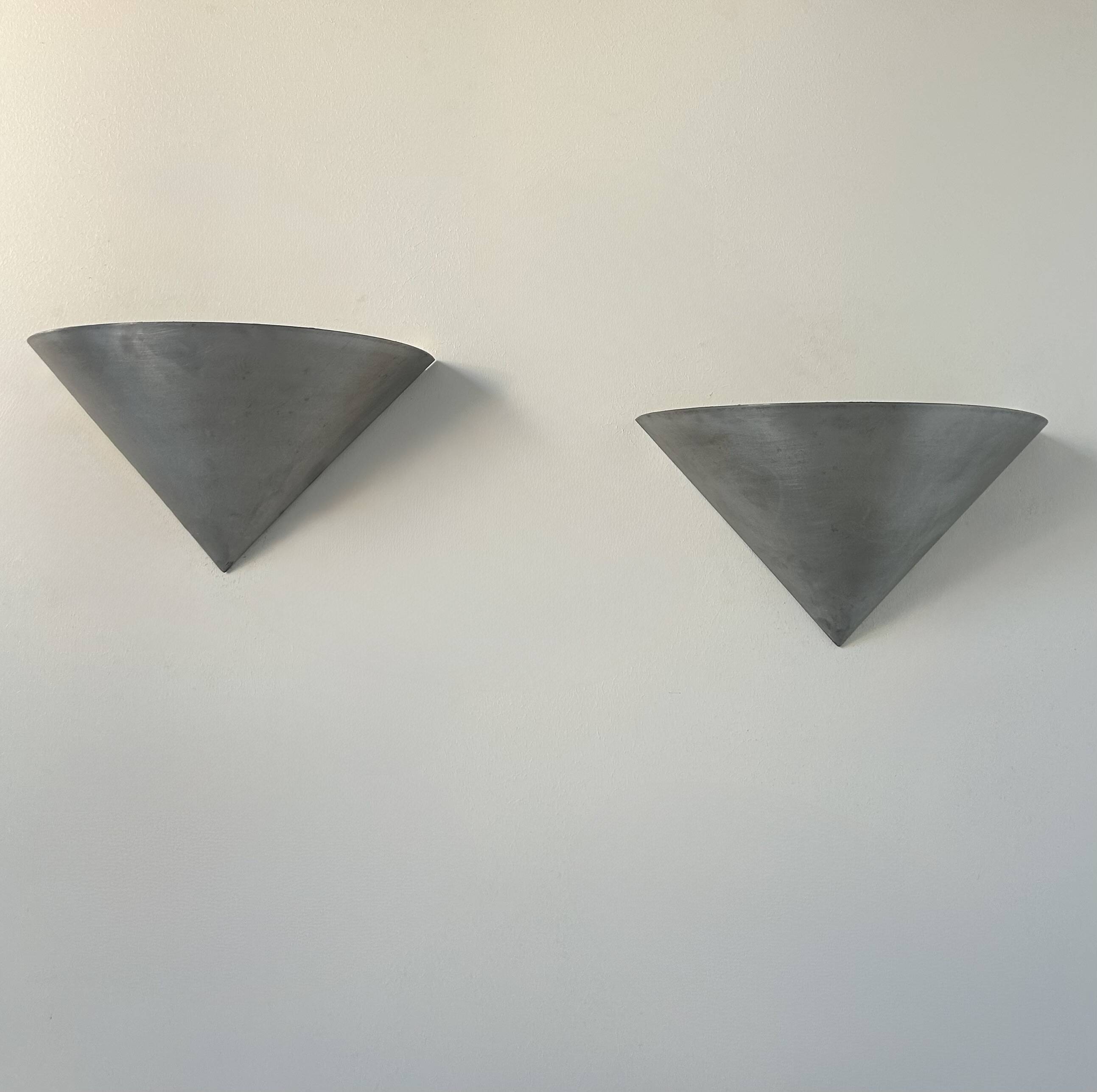 Pair of vintage conical wall lights, brushed metal, France 1970.