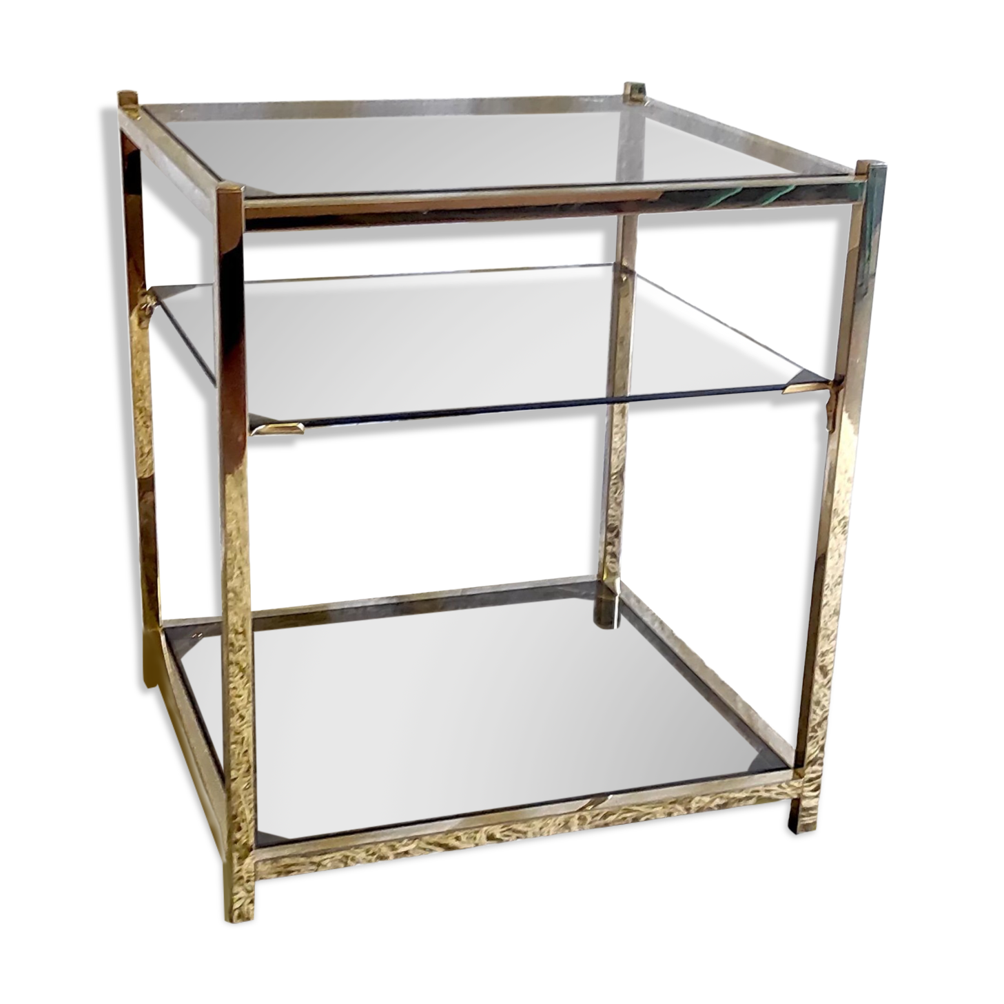 Side table in gilded metal and smoked glass by Belgo Chrome 60s/70s