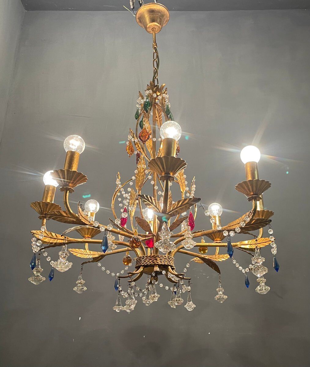 Italian Florentine Gold Gilded Murano Glass Chandelier