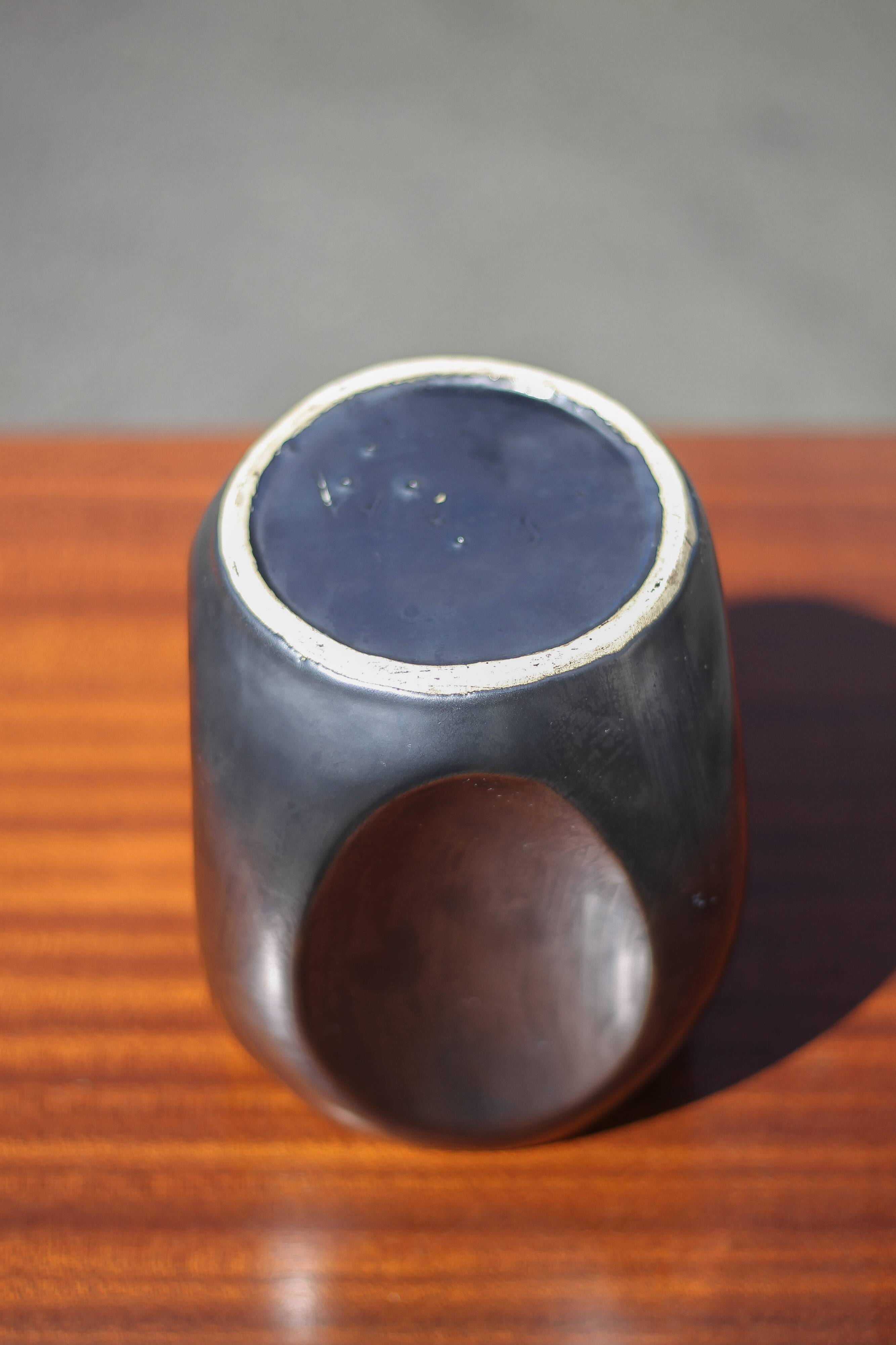 Vallauris modernist cubic vase enamelled black with orange interior, vintage vase, collection, decoration