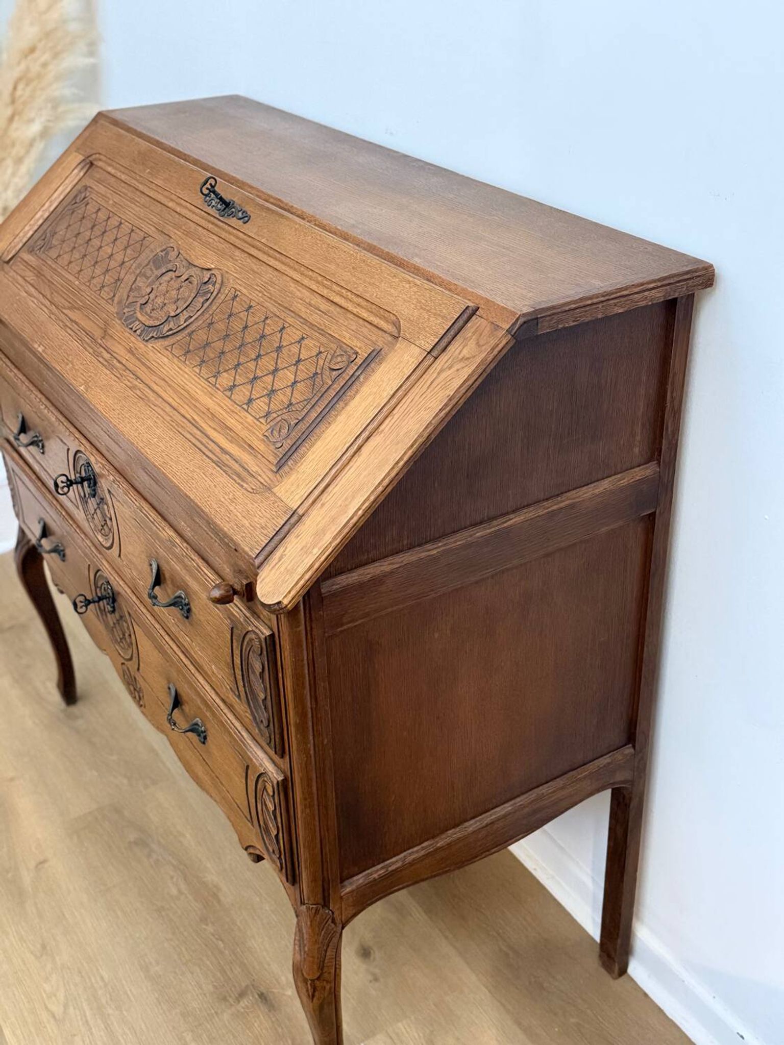 Carved oak secretary