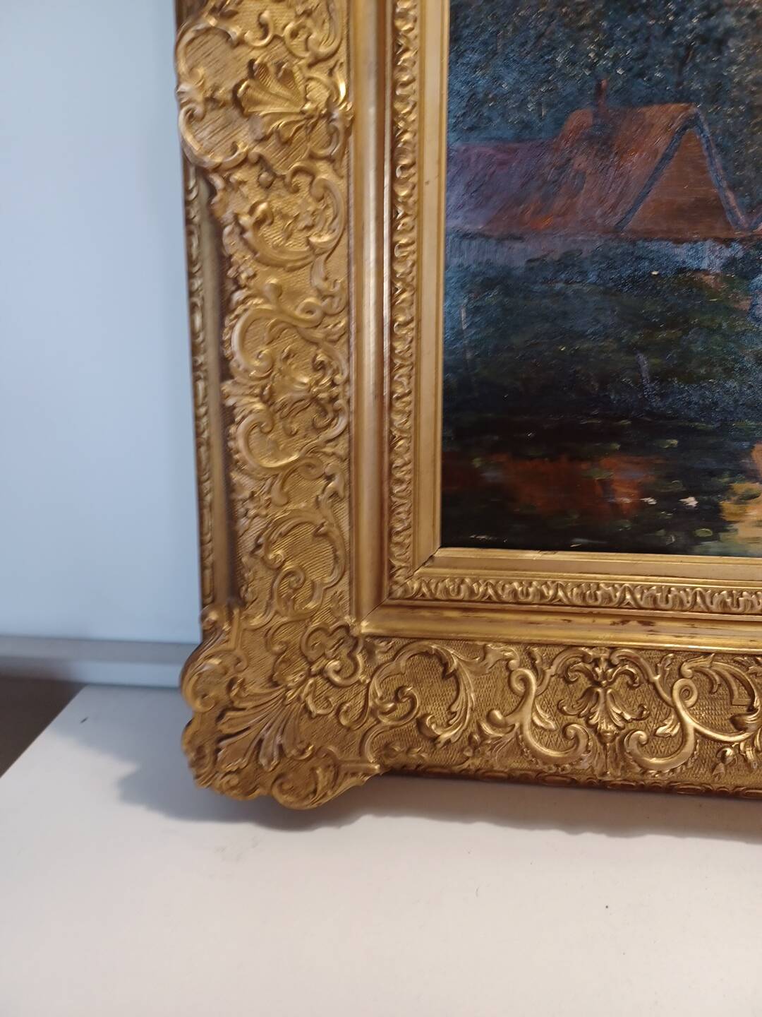 Large painting by Henry Jacques Delpy, Banks of the Seine at Dusk. Early 20th century.