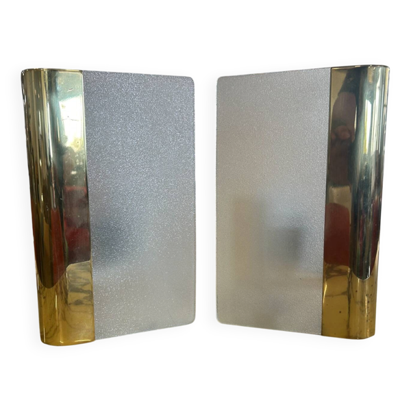 Paire d’appliques metalarte en verre et laiton 1990