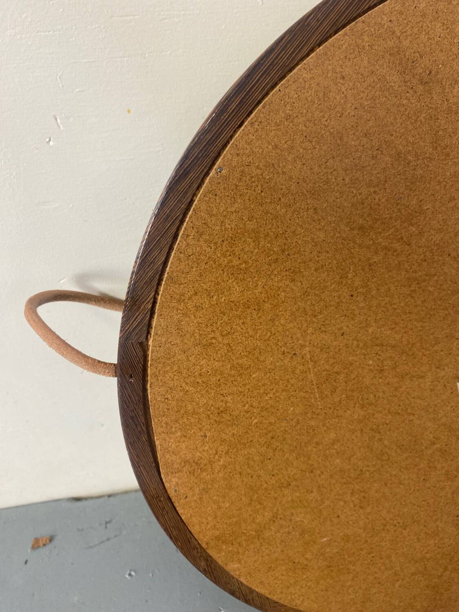 Mid-Century Scandinavian Round Wenge Wood Mirror with Leather Strap, 1950s