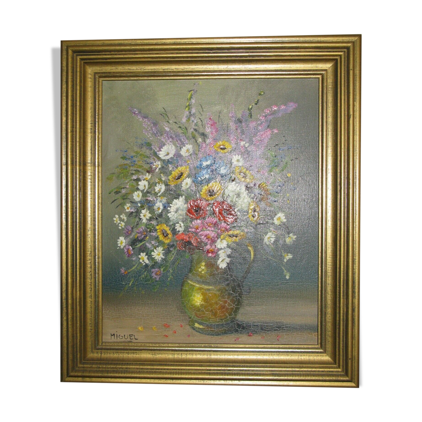 Table oil on canvas, bouquet of flowers of the fields signed Miguel
