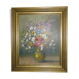 Table oil on canvas, bouquet of flowers of the fields signed Miguel