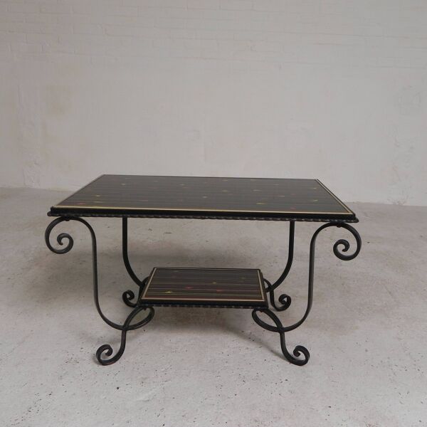 Table basse vintage avec 2 plateaux en verre avec impression des années 50