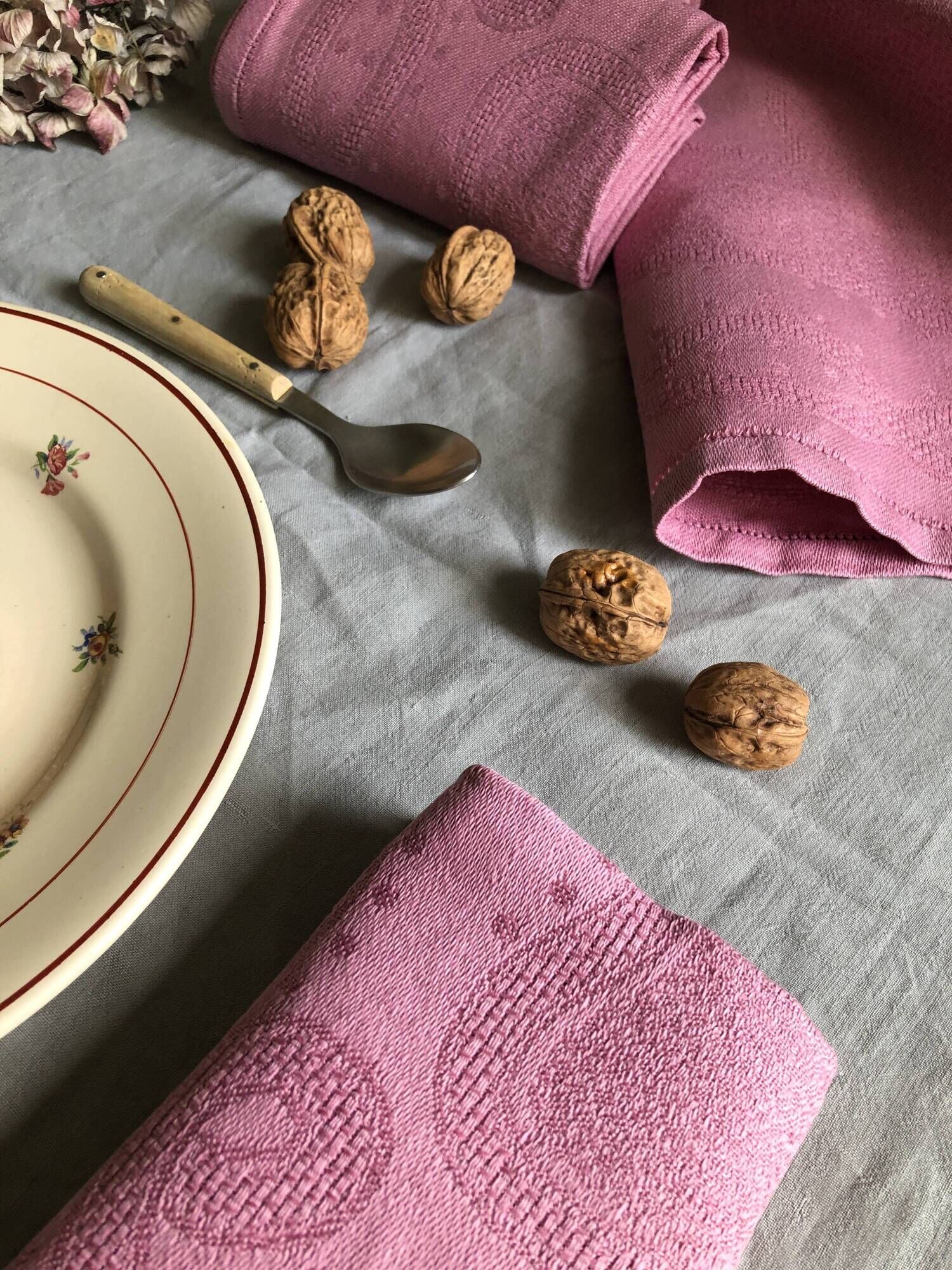 Set of four old damasked towels dyed cyclamen