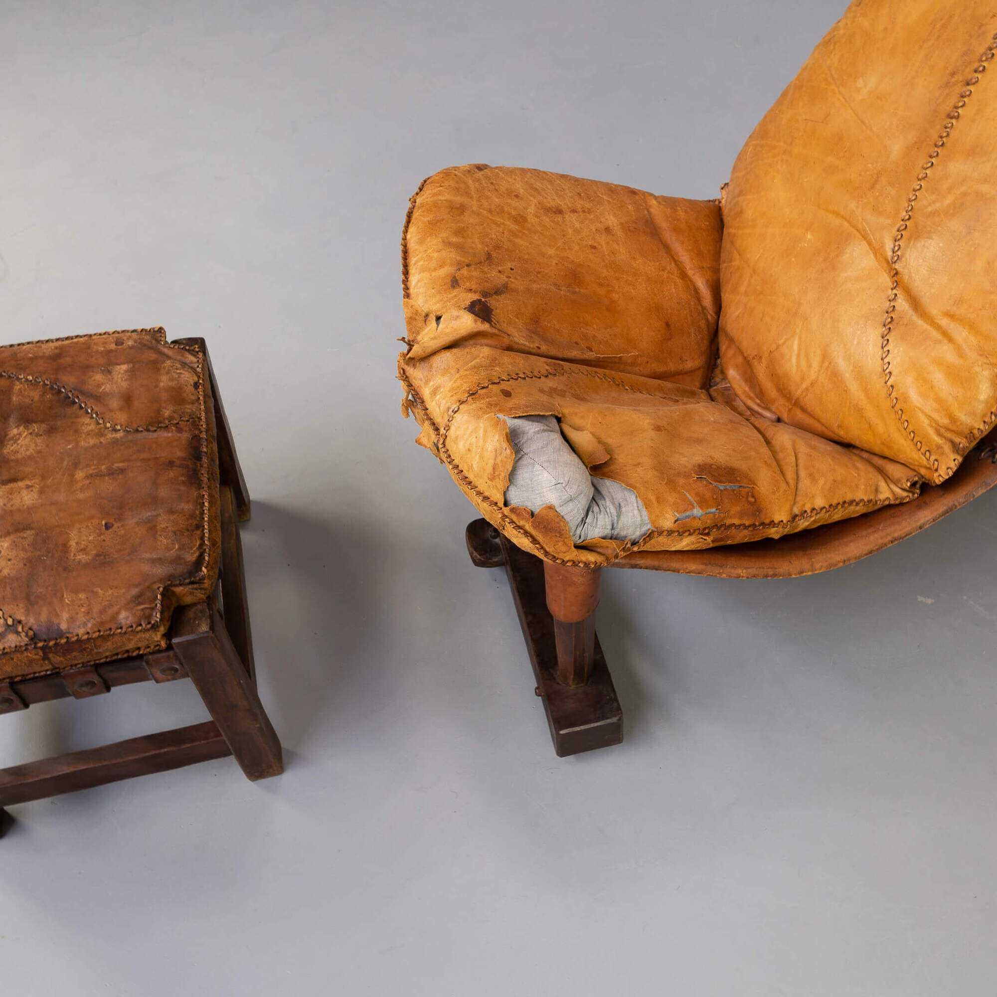 60s Brazilian brutalist patchwork leather lounge fauteuil with hocker