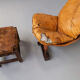 60s Brazilian brutalist patchwork leather lounge fauteuil with hocker