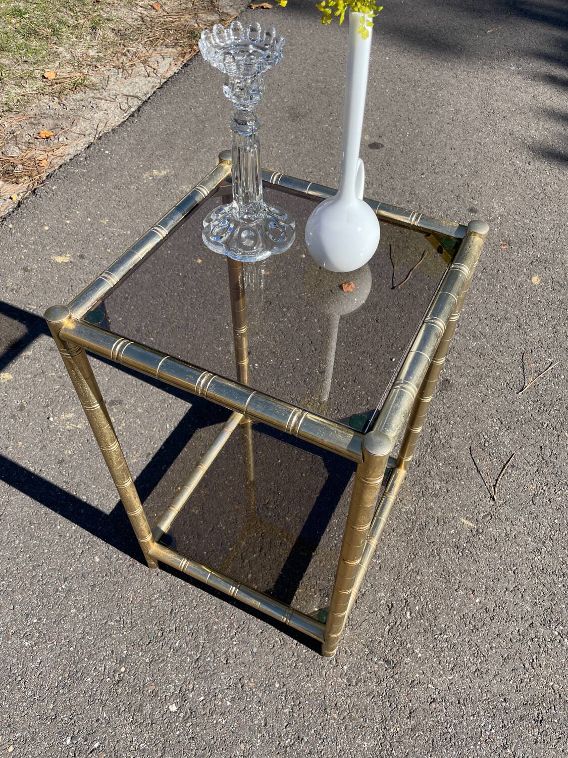 Square faux bamboo pedestal table in gold-plated brass and glass