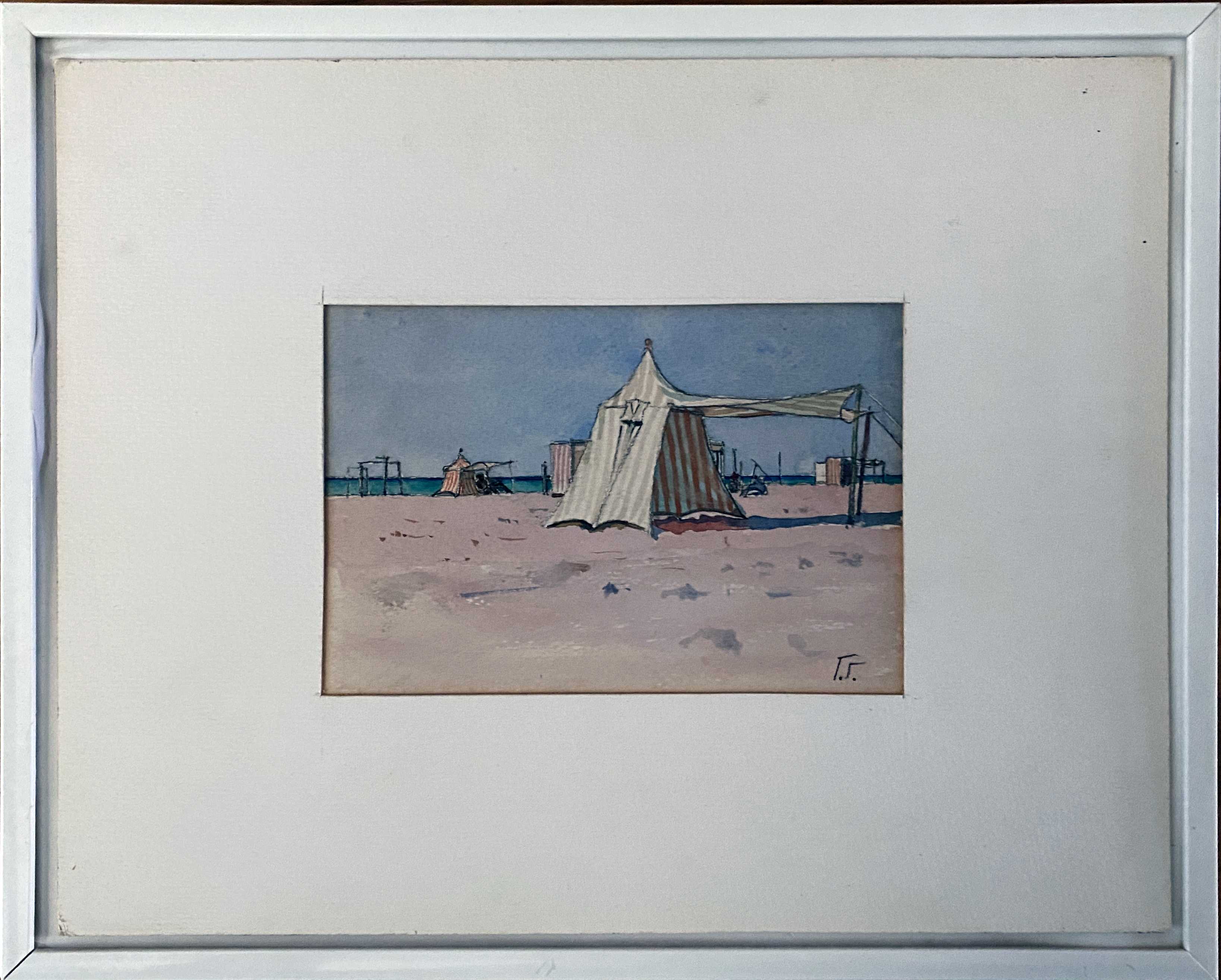Watercolor Painting Seaside Normandy Beach? monogram 1957