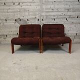 Pair of armchairs in pine and velvet