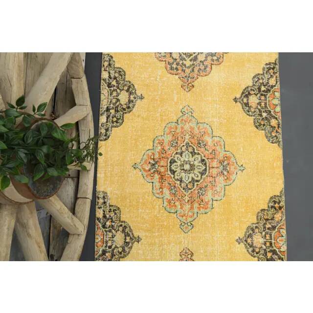 1970s Turkish Oushak Handmade Wool Cotton Yellow Runner 96x385