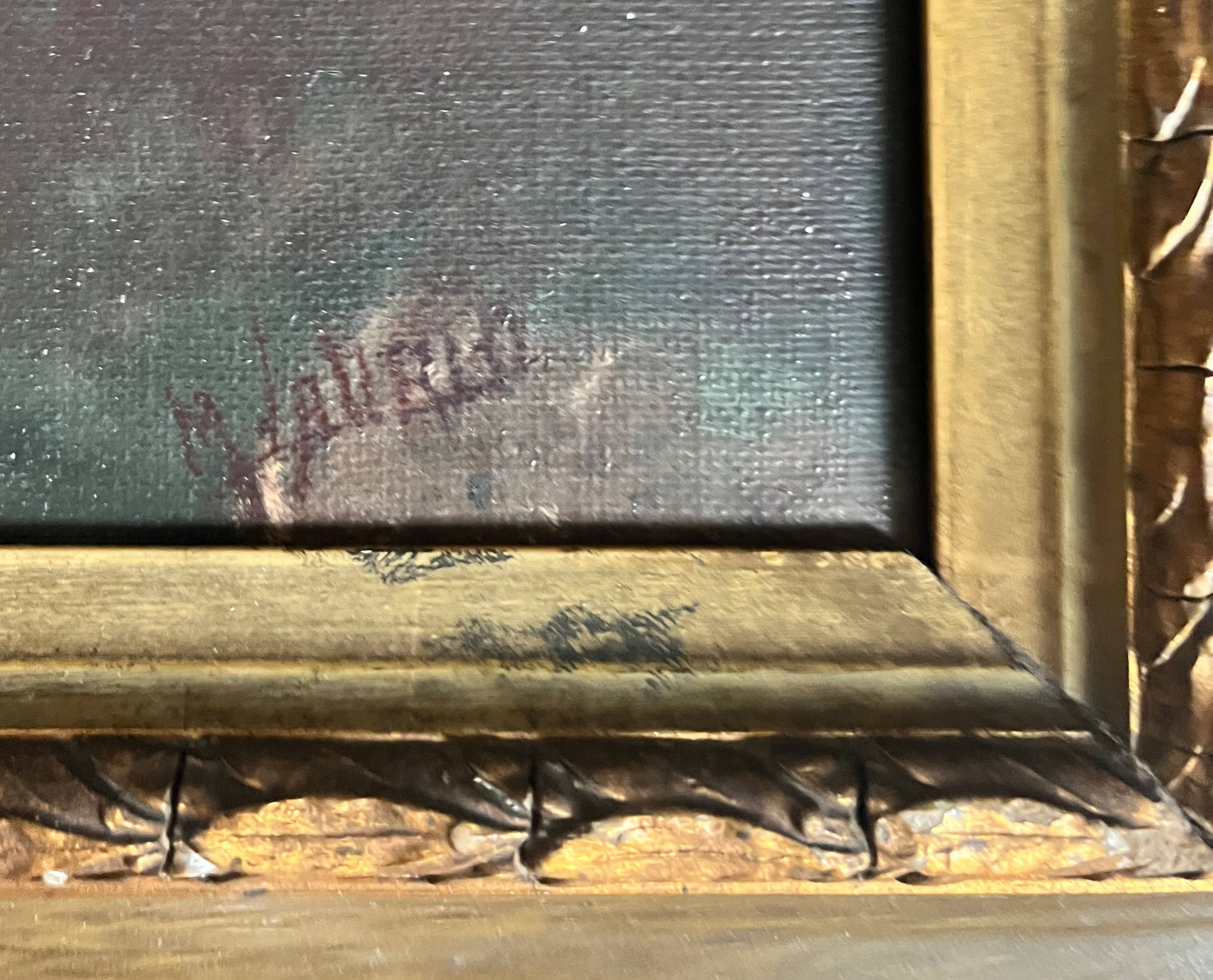 Pendant of HST painting "Landscape in the moonlight" signed + frame circa 1920