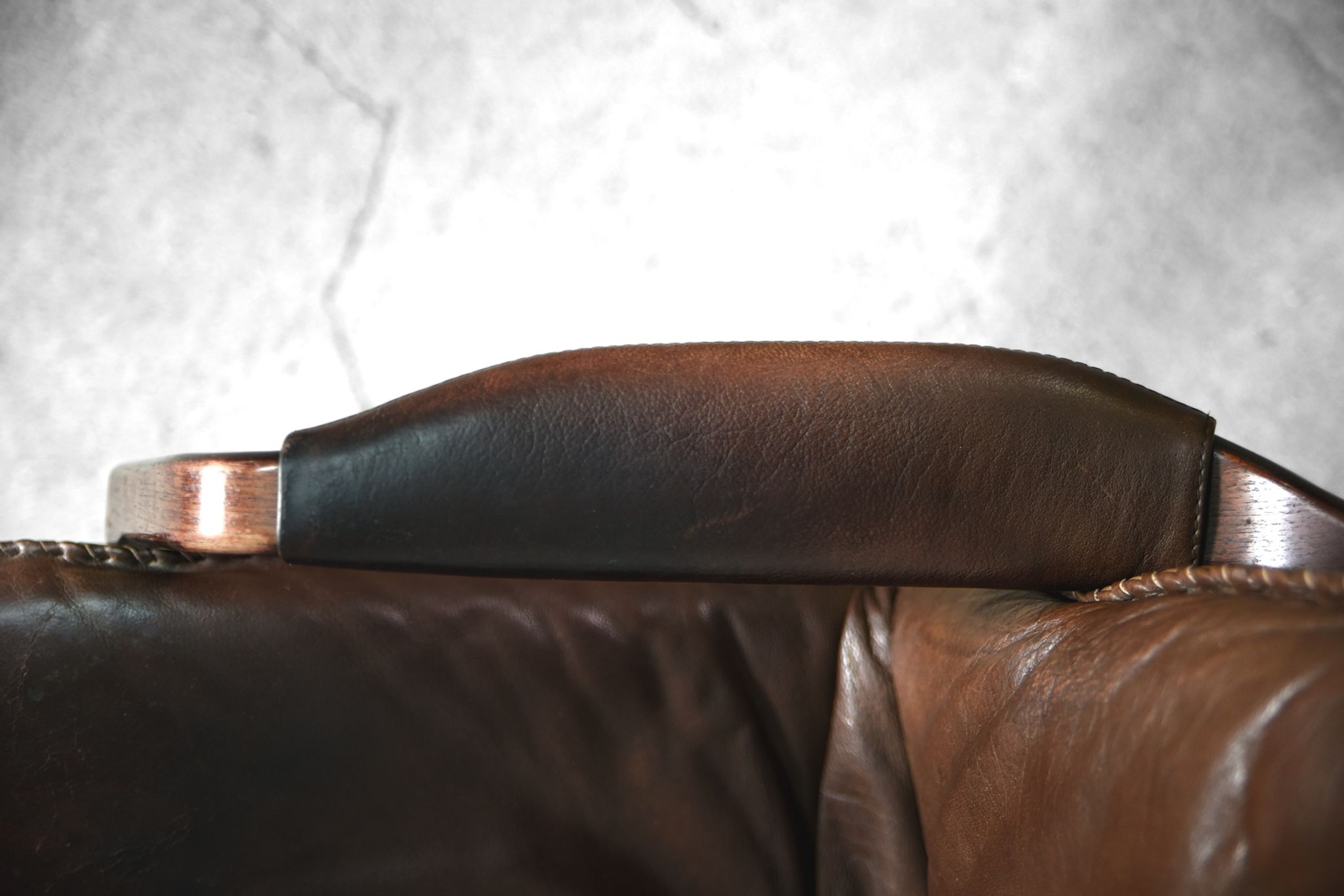Danish patinated leather adjustable easy chair and ottoman by Berg Furniture, 1970s