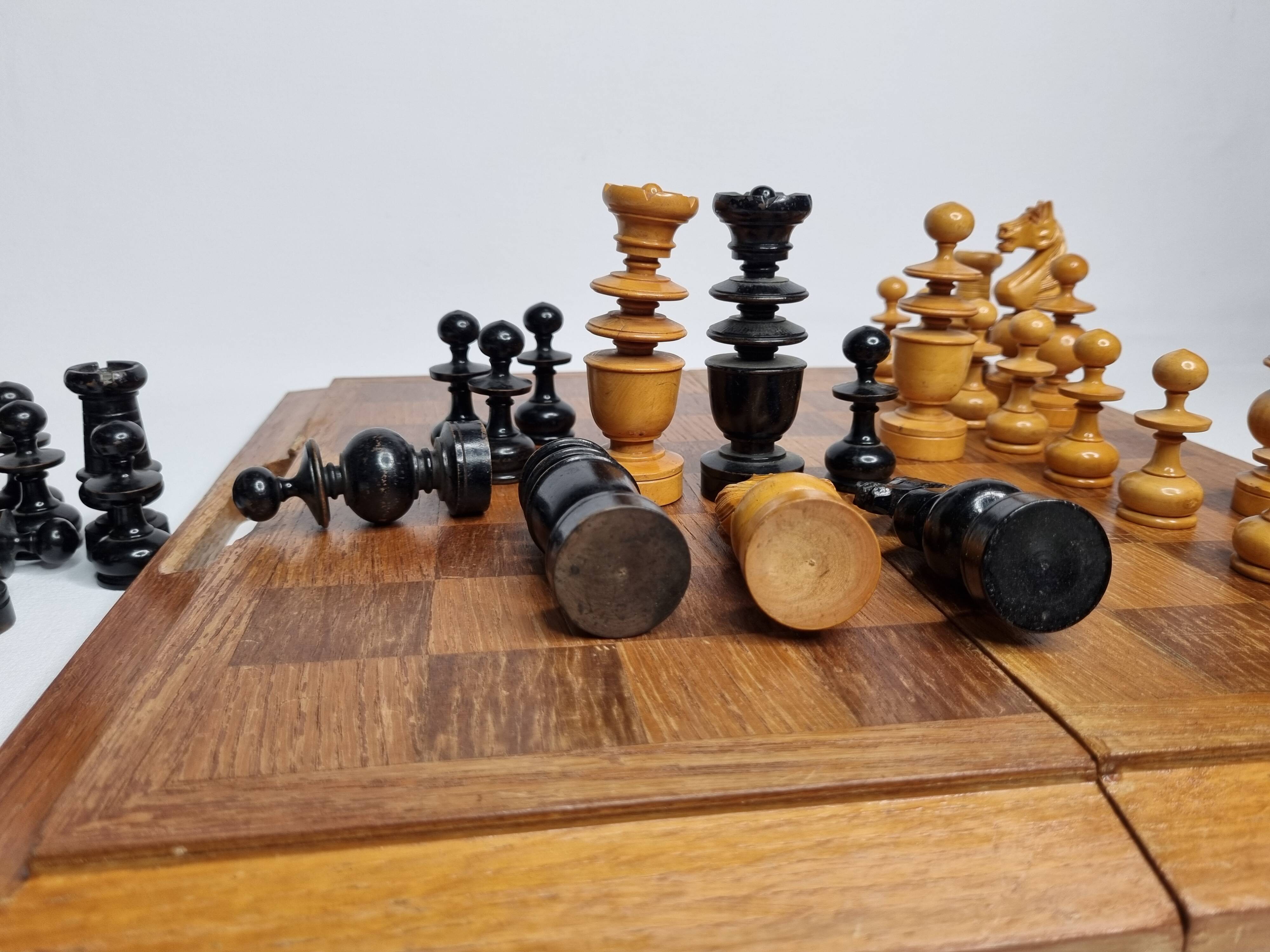Vintage Solid Wood Folding Chess Set, Regency Bistro Style, Carved Turned Wood Pieces