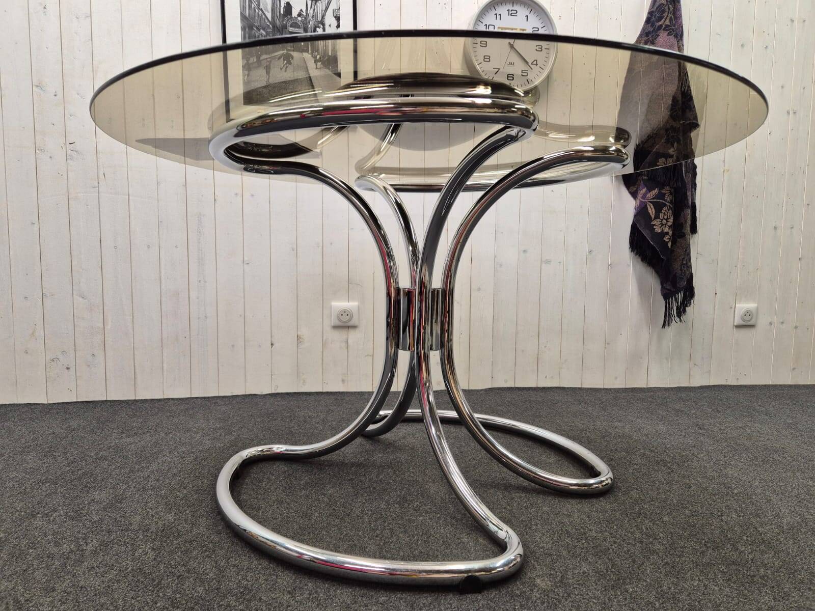 Chrome and smoked glass table.