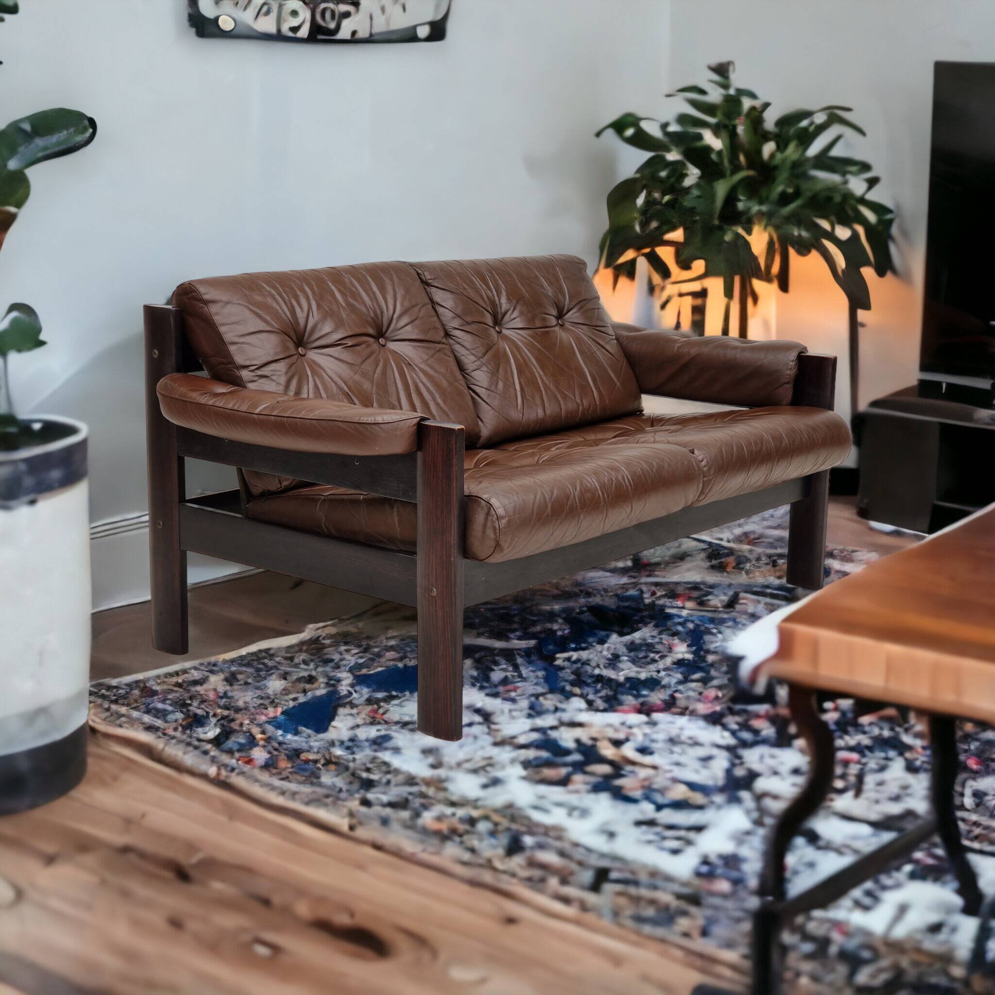 Scandinavian 2-seater sofa, original brown leather, 70s
