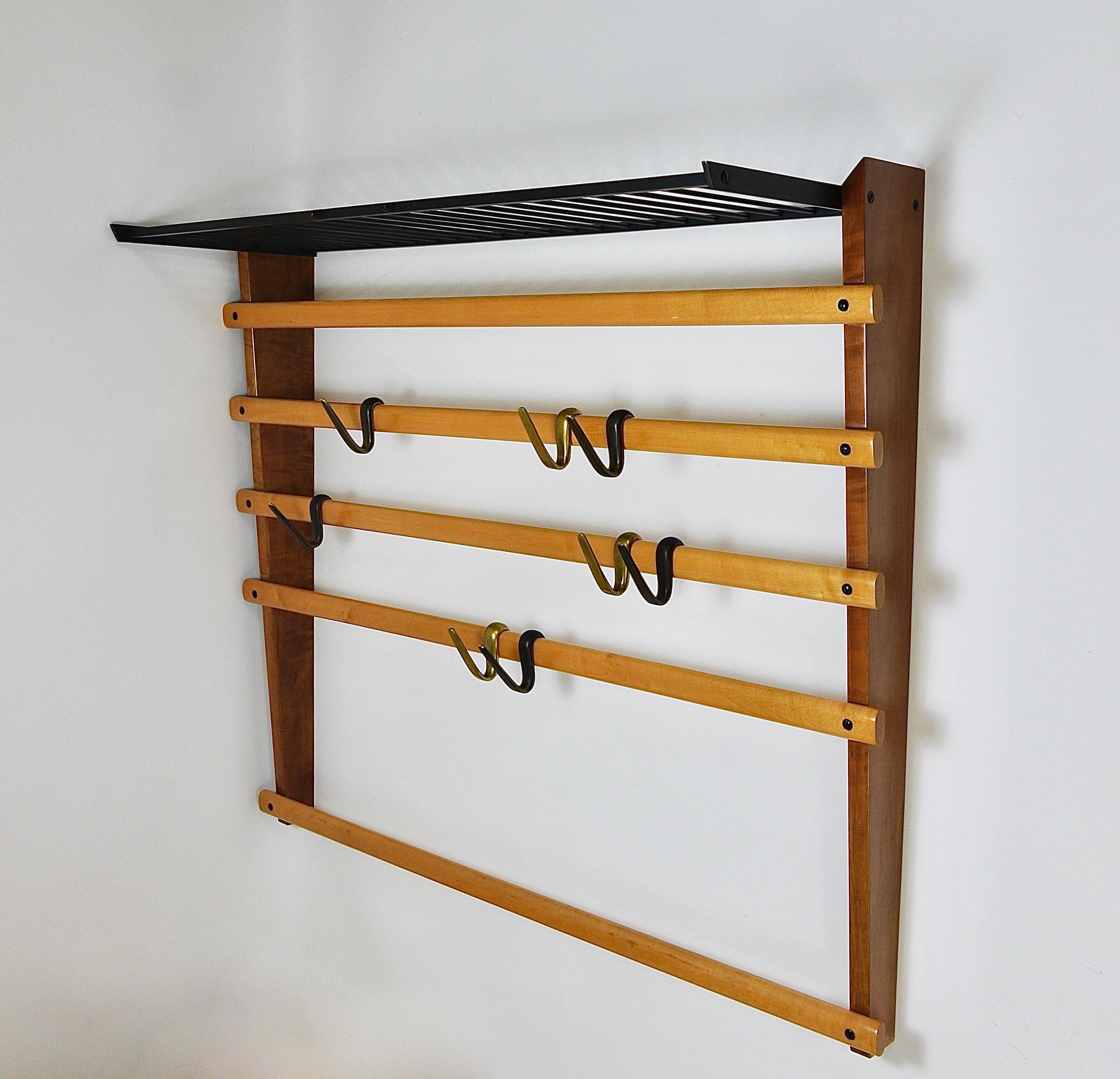 Rare coat rack by Carl Auböck with hat rack, cabinet, brass, walnut and beech, 1950s.