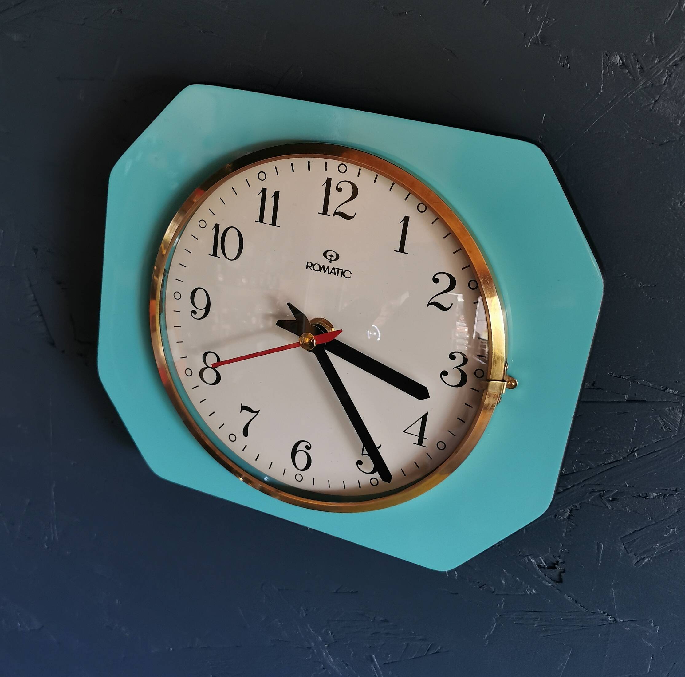 Vintage formica clock rectangular silent wall pendulum "Romatic turquoise blue"