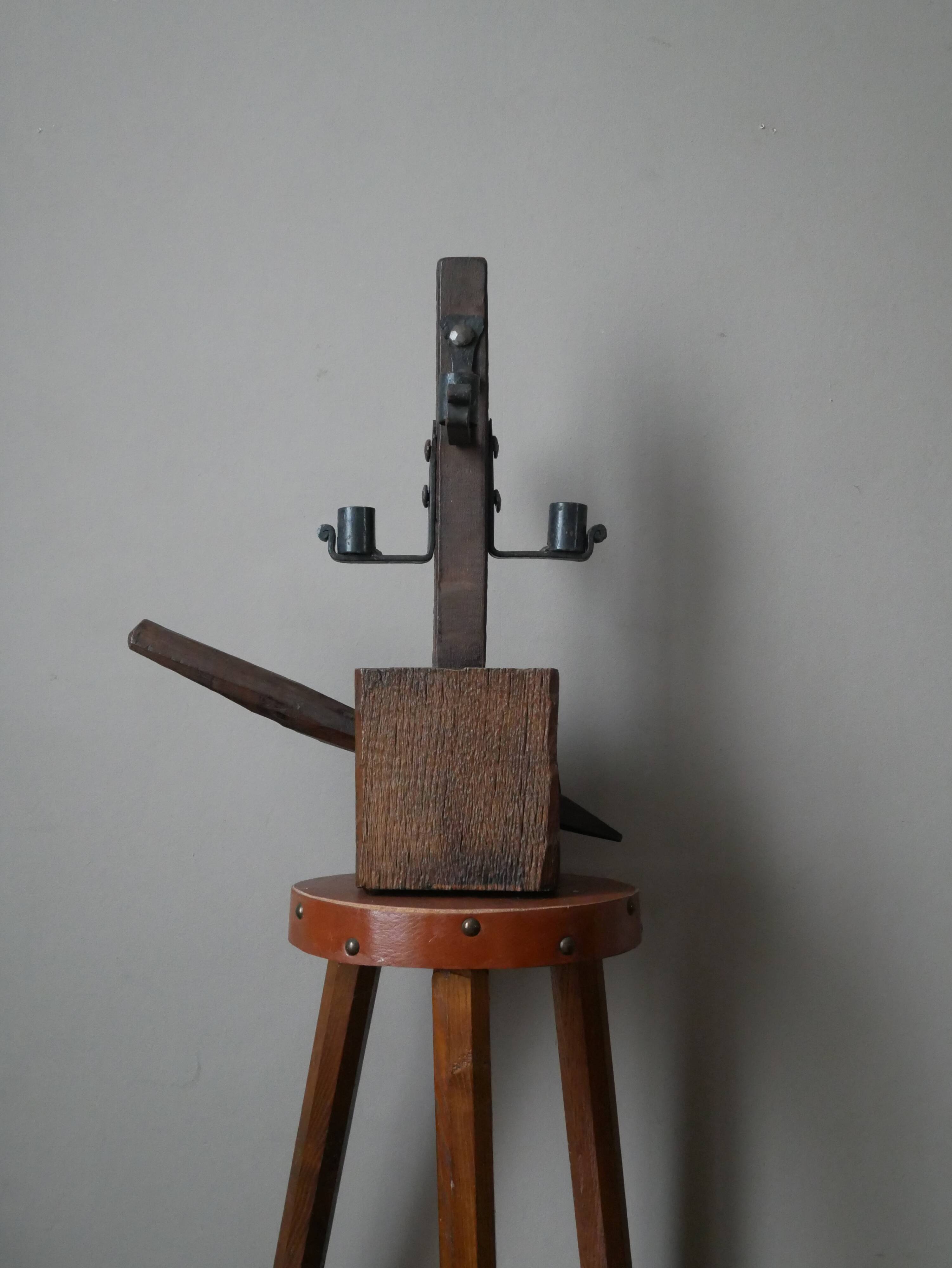 Candle holder wood wrought iron folk art decoration brutalist handmade countryside candlestick candelabra