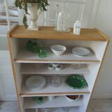 Vintage bookshelf in oak veneer, pearl grey interior, metal legs.