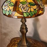 Large brass lamp, 1970, 6kg, restored electrical wiring, 67x47cm stained glass lampshade