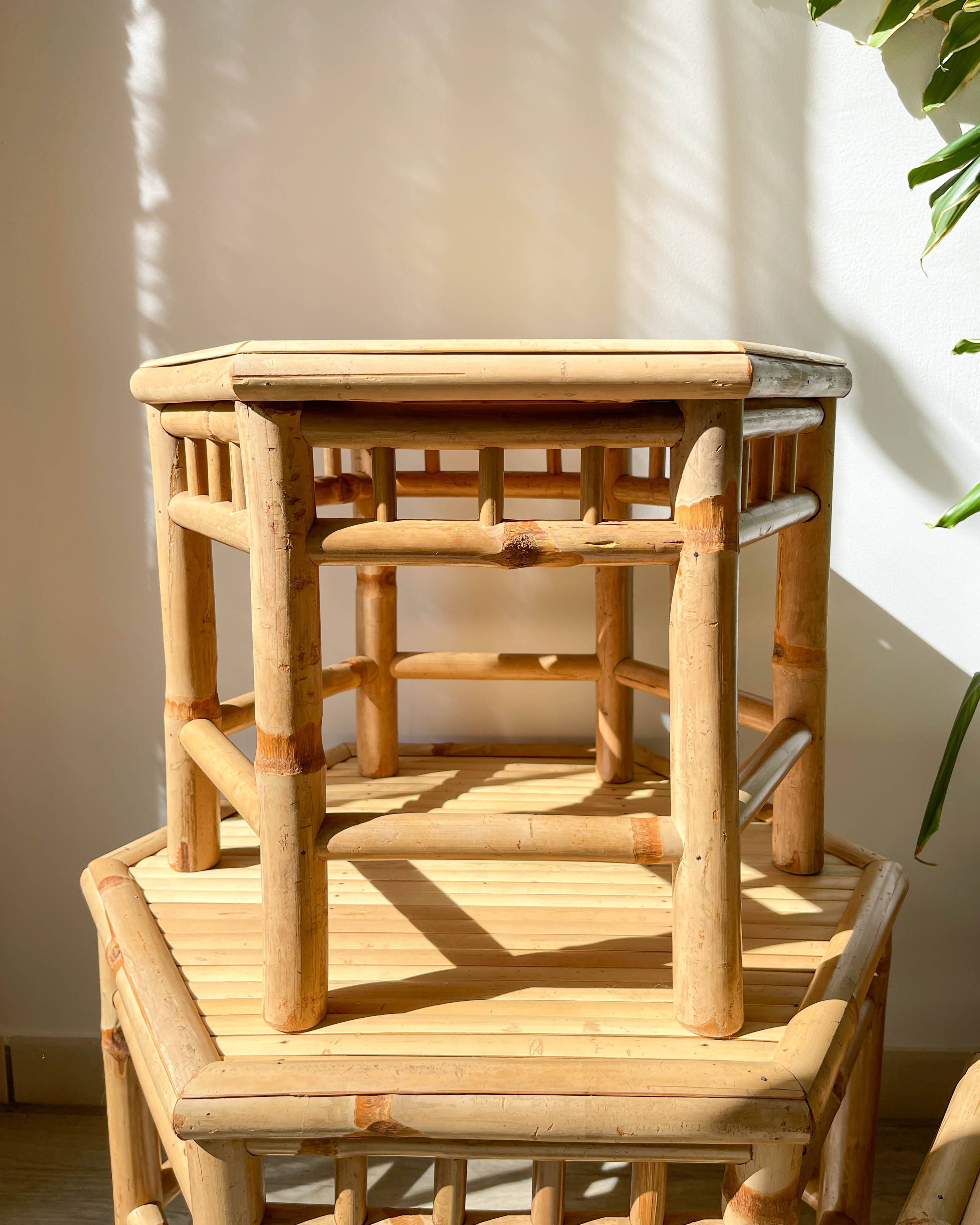 3 Vintage Bamboo Hexagonal Nesting Coffee Tables, 1970s