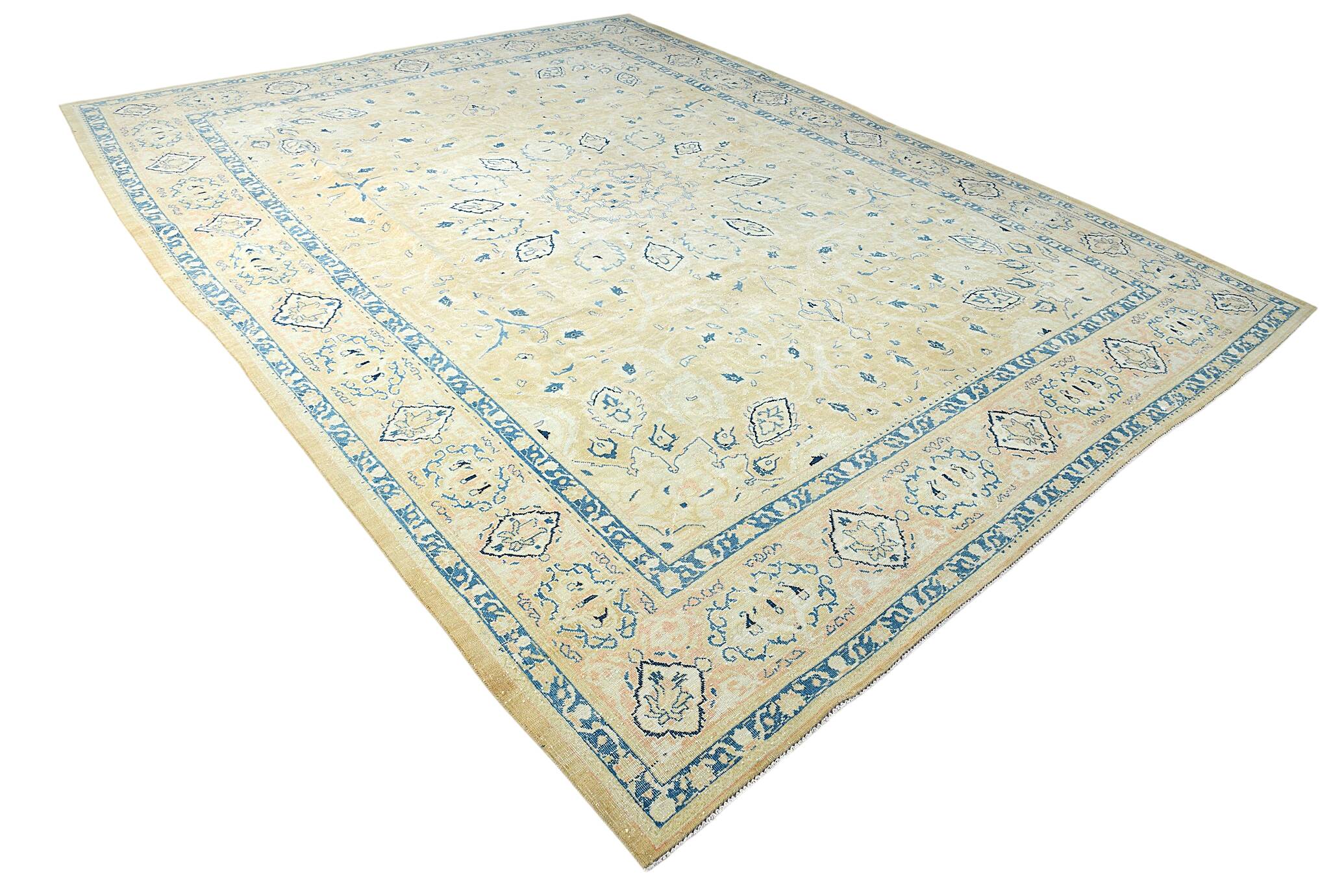 Tapis Persan Vintage Beige Et Bleu à Motifs Floraux, 301x388Cm