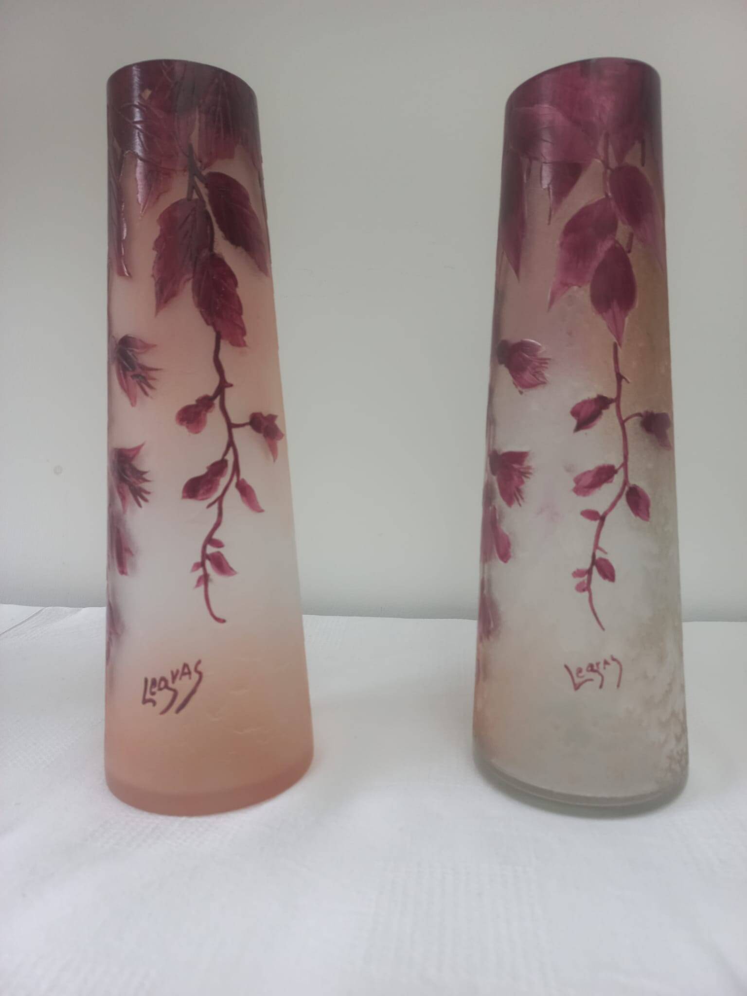 Pair of frosted ruby glass Legras vases