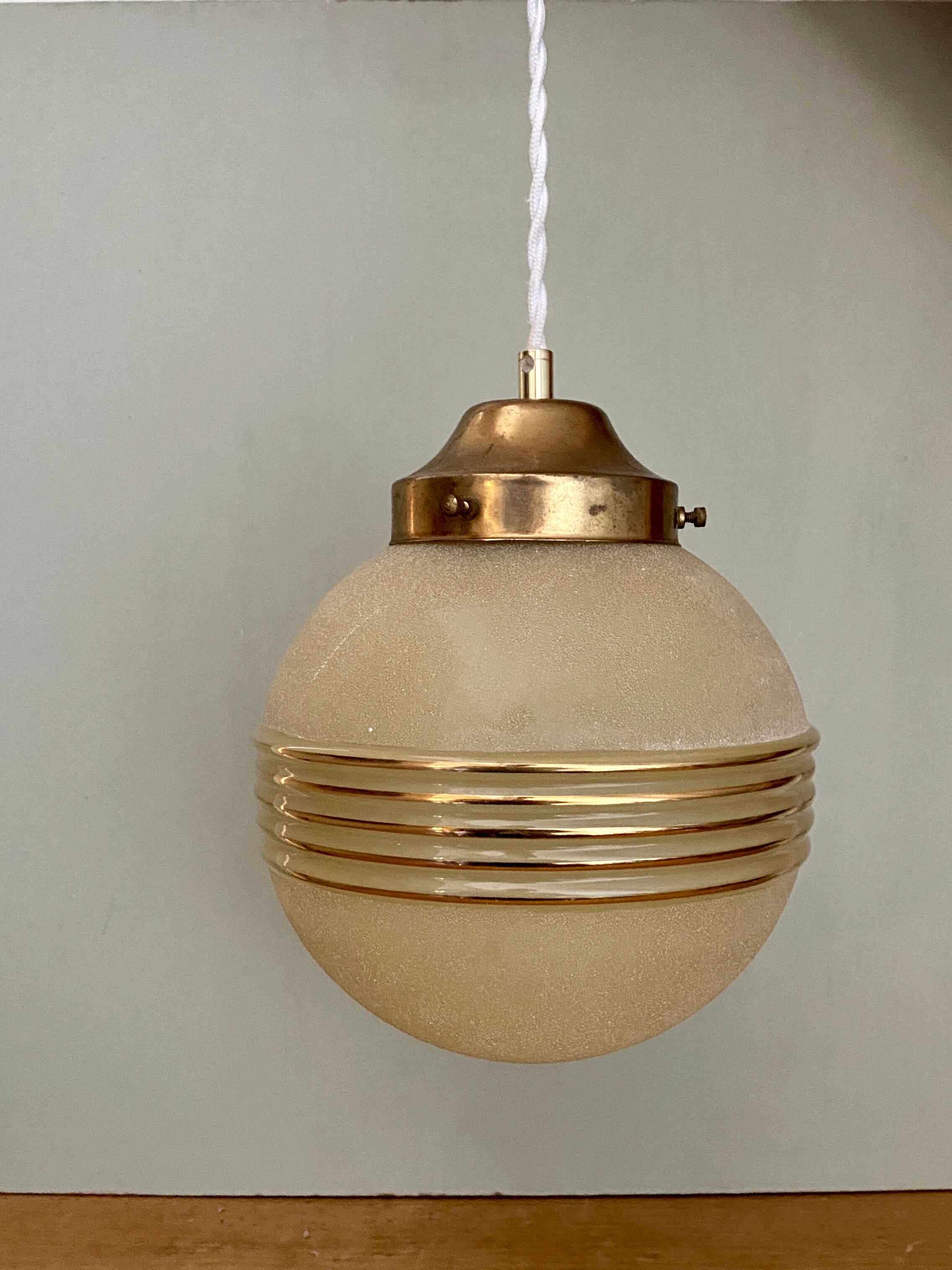 Vintage art deco globe pendant lamp in yellow and gold granite glass